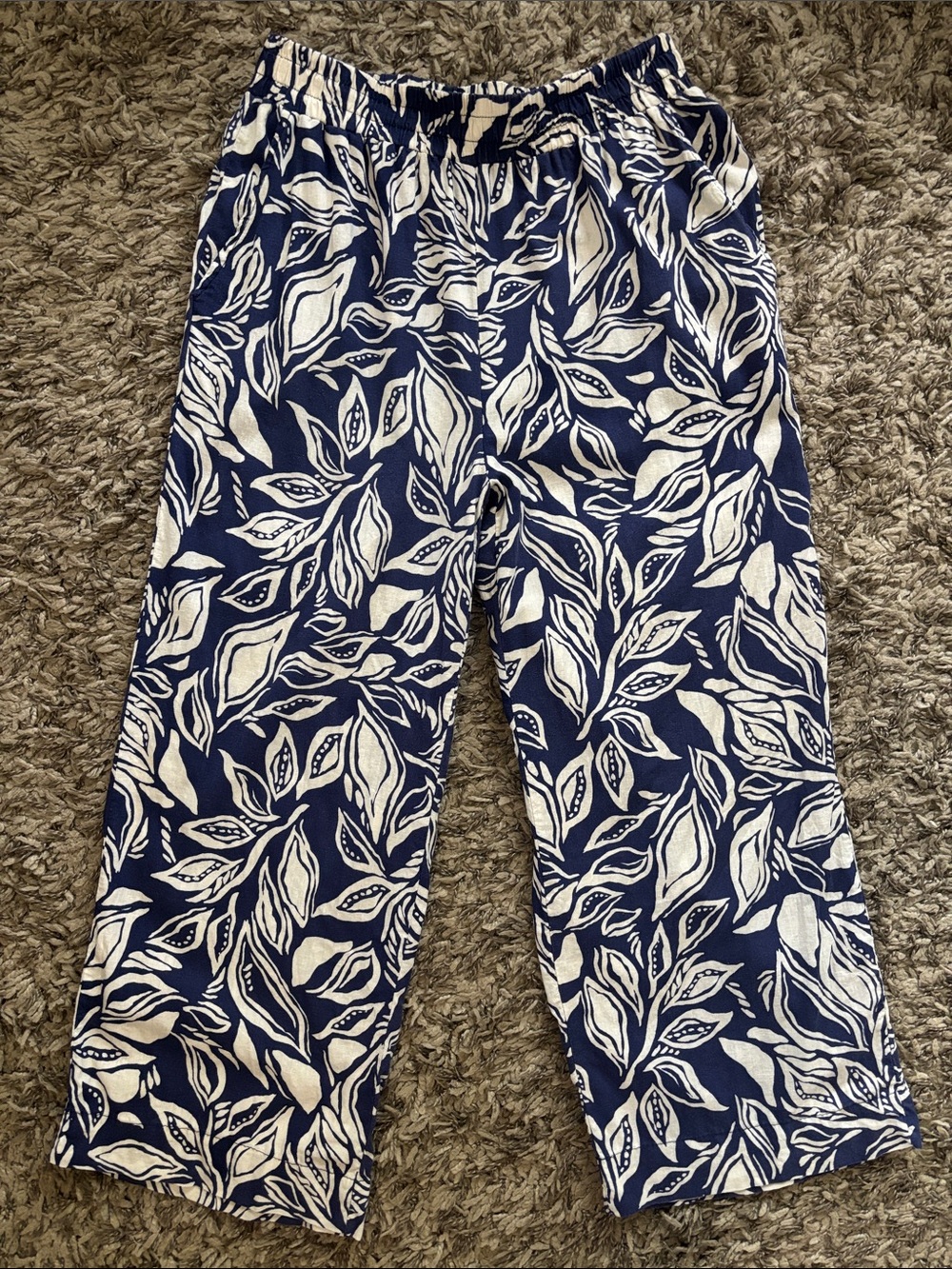 Panama Jack Navy and White Leaf-Print Wide Leg Pants